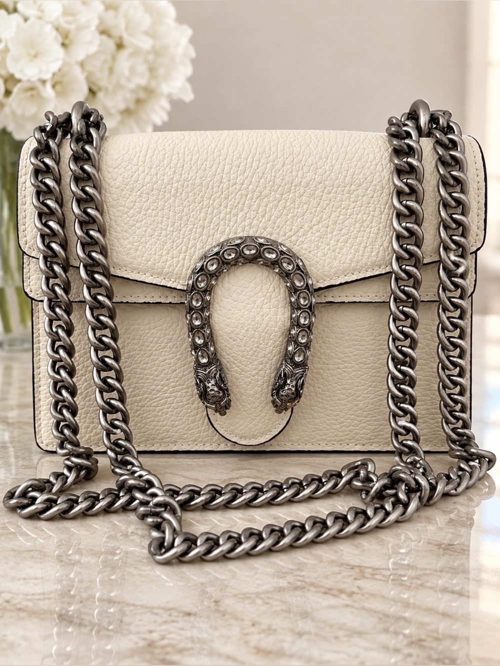 Designer Inspired Cream Pebbled Crossbody with Silver Horsebit